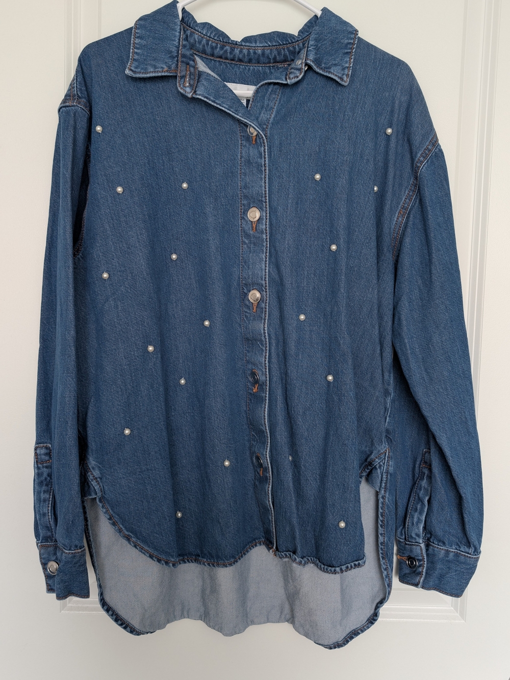 LOFT Pearl-Embellished Denim Button-Down Shirt